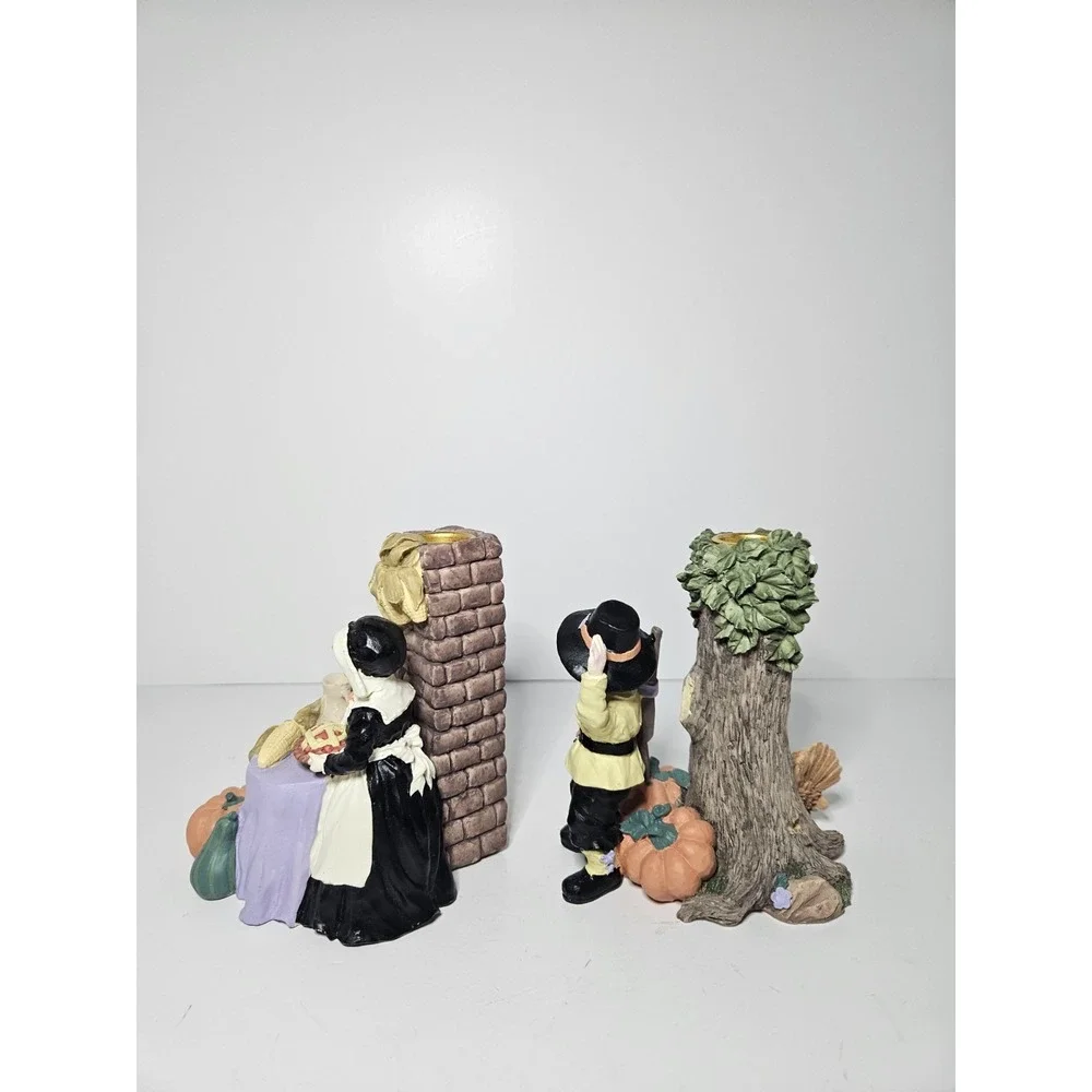 ABC Distributors Pilgrim Couple Thanksgiving Candle Holders Hand Painted Set Vtg